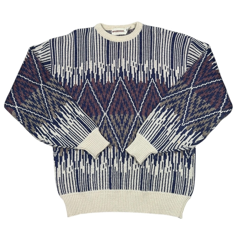 McGregor Sweater Mens XL Blue Geometric Argyle Crew Neck Long Sleeve Knit